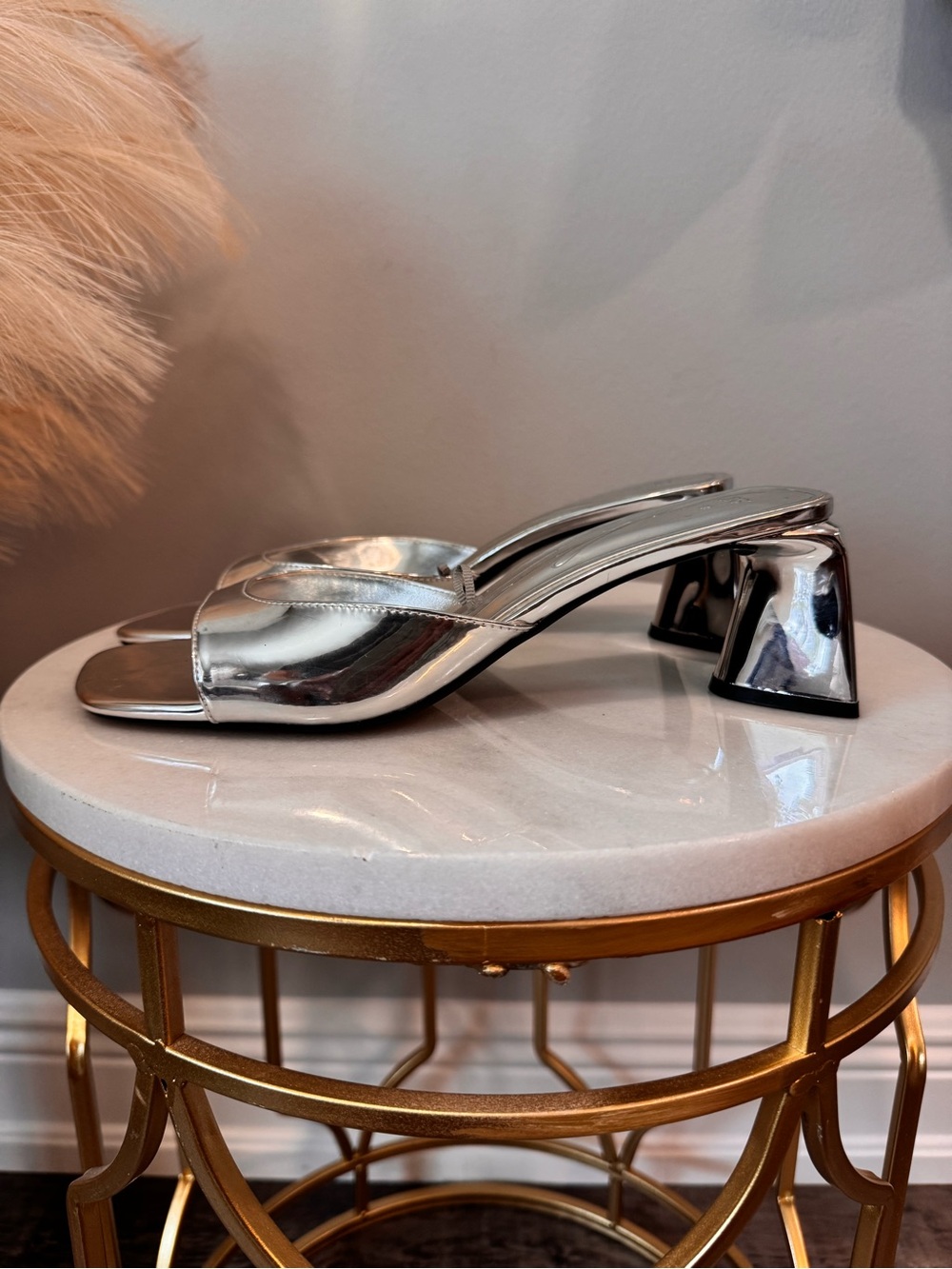 Zara Silver Metallic Open-Toe Block Heel Mules - Picture 3 of 12